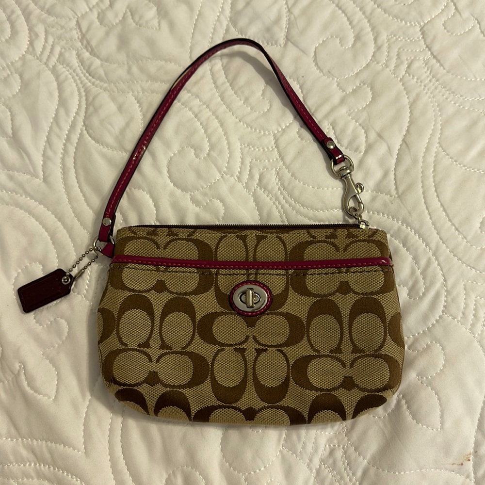 Signature Coach Wristlet With Burgundy Leather Trim